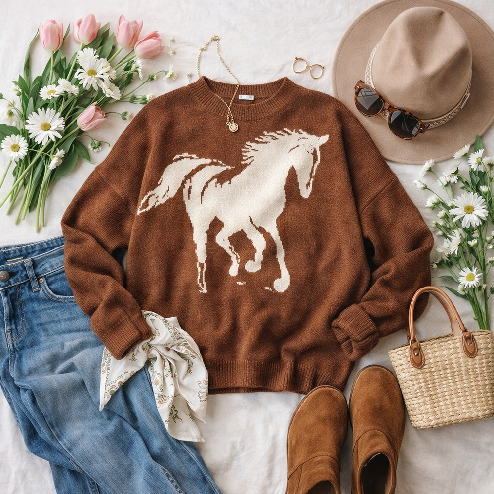 NWT Main Strip Saddle Up Horse Knit Sweater Brown Western Large - Picture 3 of 8